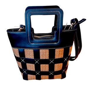 Black Leather & Wicker Handbag, Bucket Bag, Tote, Crossbody Strap, NWOT